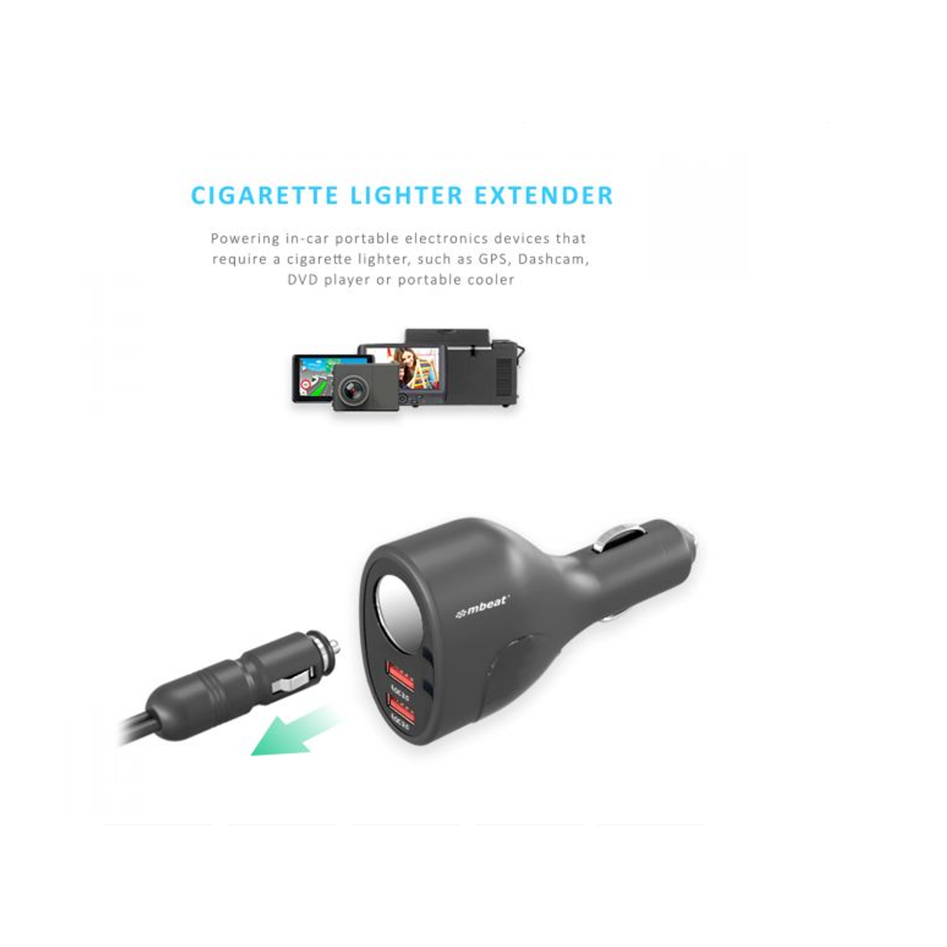 MB-CHGR-C18 - mbeat Gorilla Power Dual Port QC 3.0 Car Charger With Cigar Lighter Socket