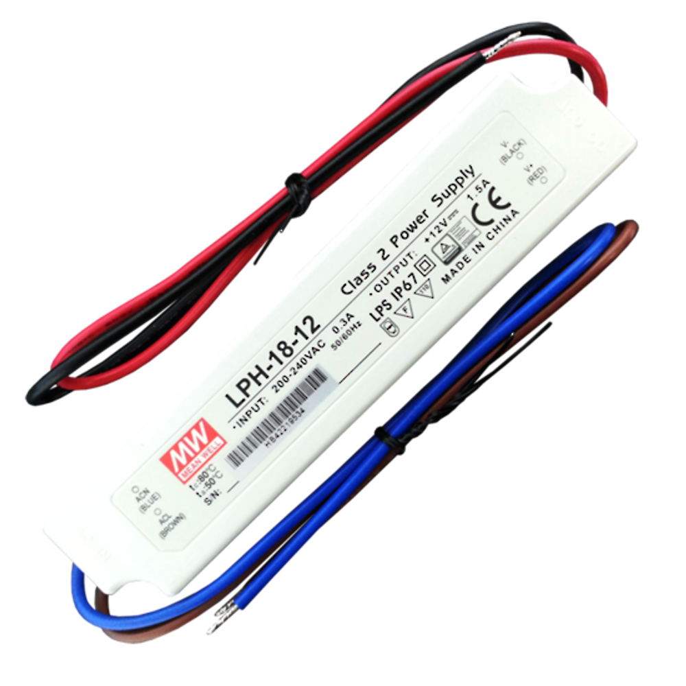 WELL-LPH-18-12 - 12V 1.5A Switch Mode Power Supply in IP67 Case, 230VAC Input (140x30x23mm)