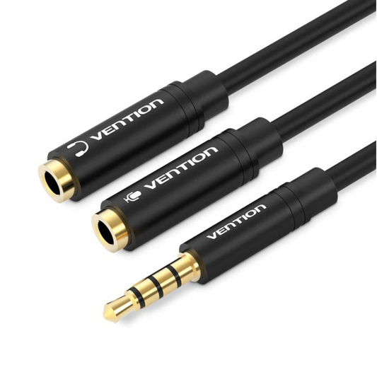 VEN-BBVBY - Vention 4 Pole 3.5mm Male to 2*3.5mm Female Stereo Splitter Cable 0.3M Black Metal Type