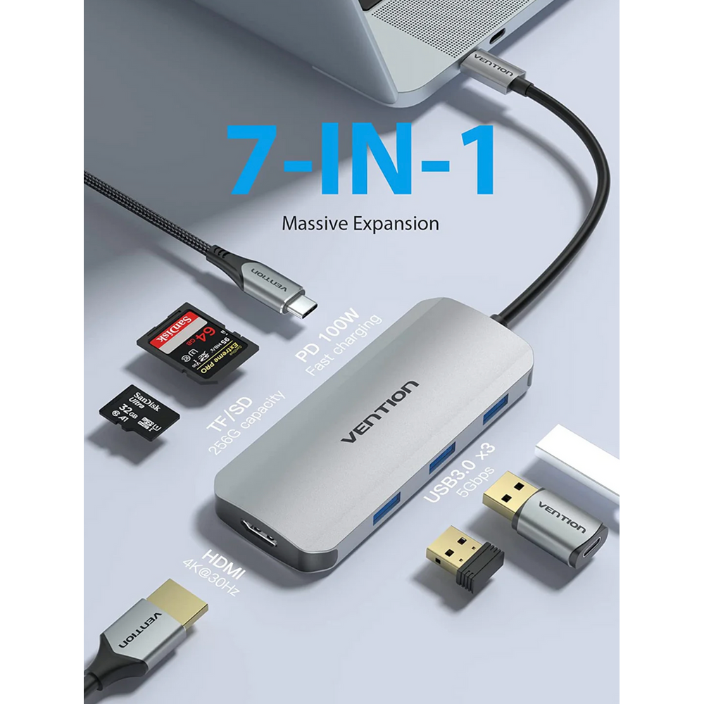 VEN-TOJHB - Vention USB-C to HDMI/USB 3.0x3/SD/TF/PD Docking Station , 0.15M Aluminium
