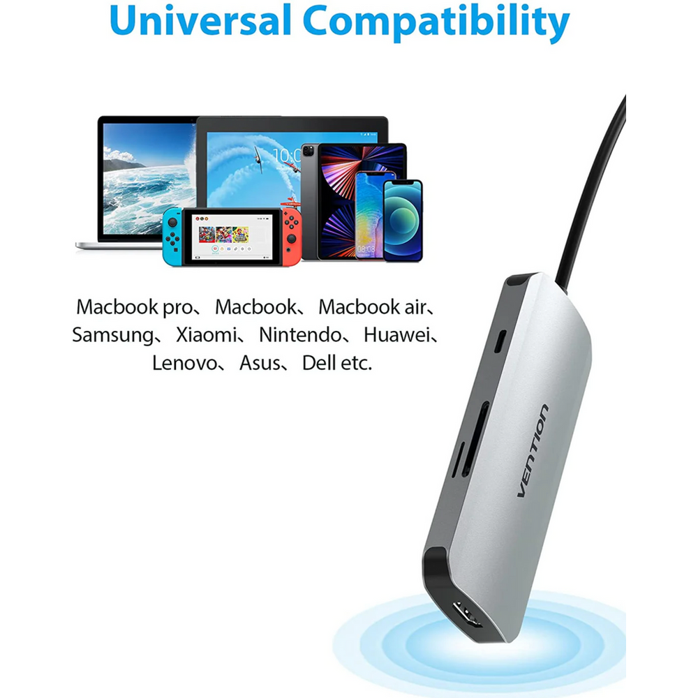 VEN-TOJHB - Vention USB-C to HDMI/USB 3.0x3/SD/TF/PD Docking Station , 0.15M Aluminium