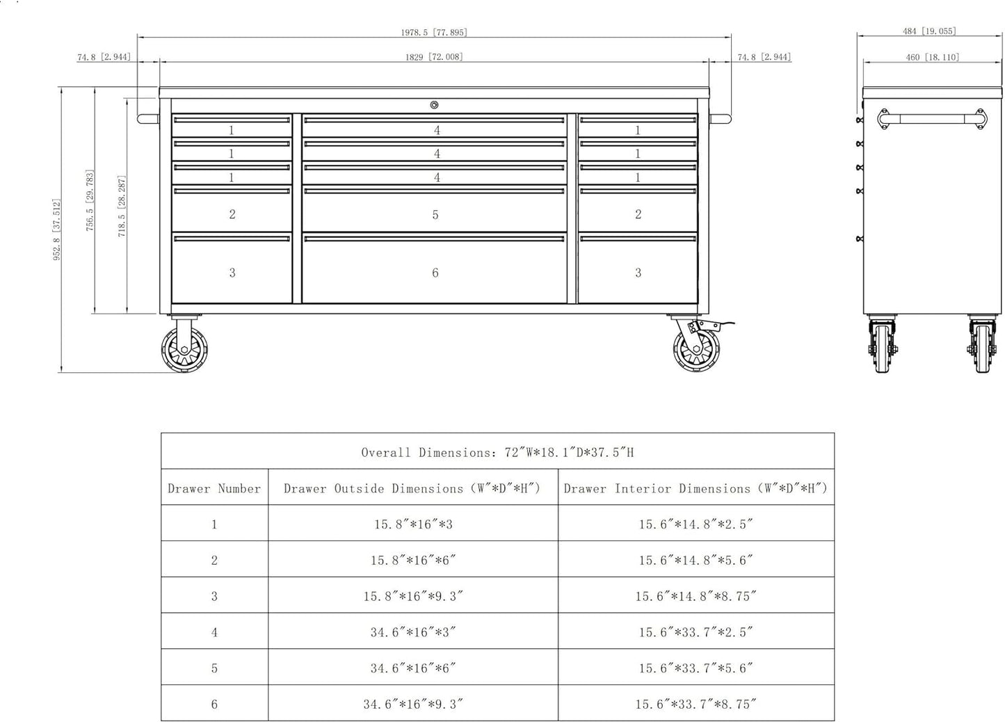 72 Inch 15 Drawers black Tool Chest workbench