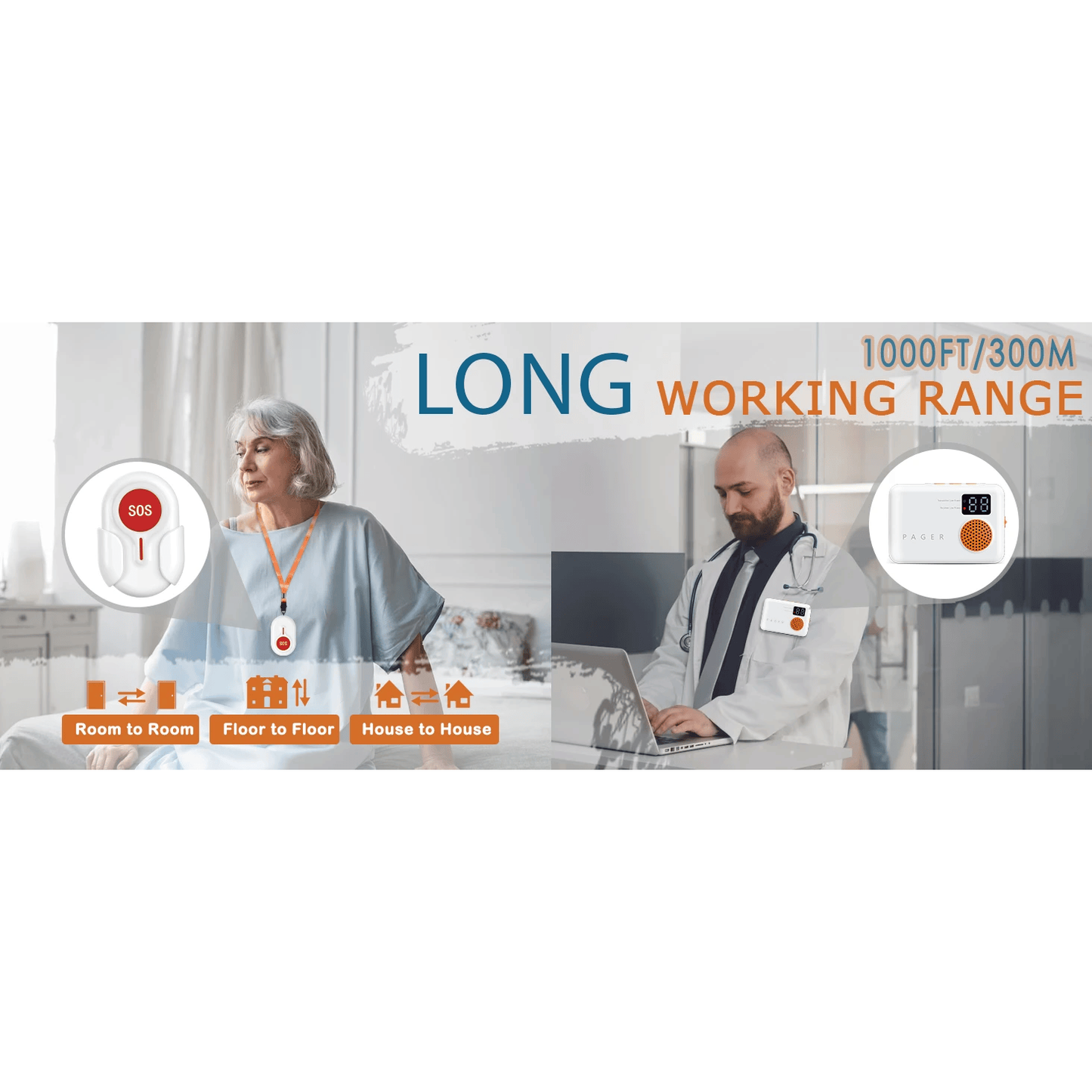 Wireless Caregiver Pager with 2 SOS Buttons (Up to 300mtrs range)