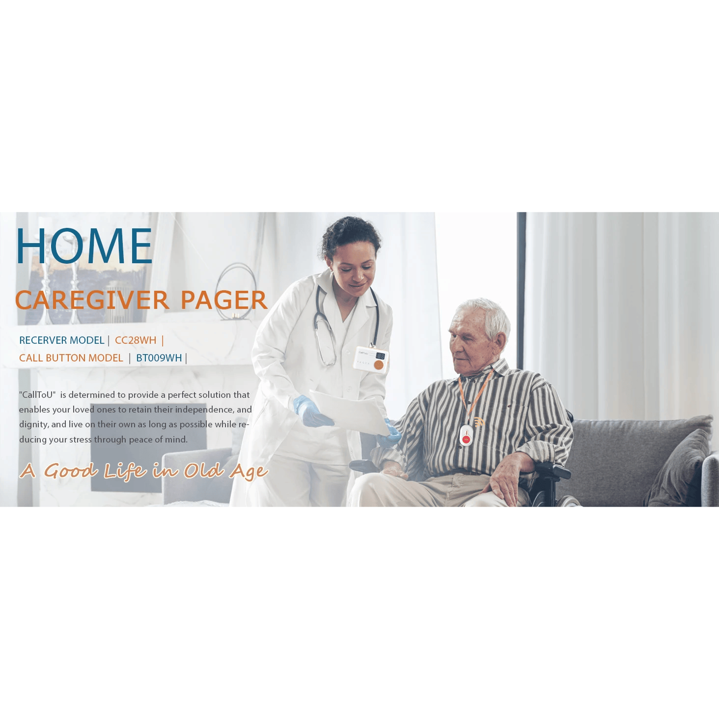 Wireless Caregiver Pager with 2 SOS Buttons (Up to 300mtrs range)