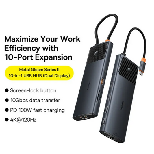 BAS43331 - Baseus Metal Gleam Series II 10-in-1 USB HUB Space Grey（USB-C to 1*HDMI 4K@60Hz+1*USB-A(10Gbps)+1*USB-C（10Gbps)+2*USB-A(480Mbps)+1*RJ45+1*SD/TF+1*USB-C(PD)+1*3.5mm） - The Security Outlet -  - 
