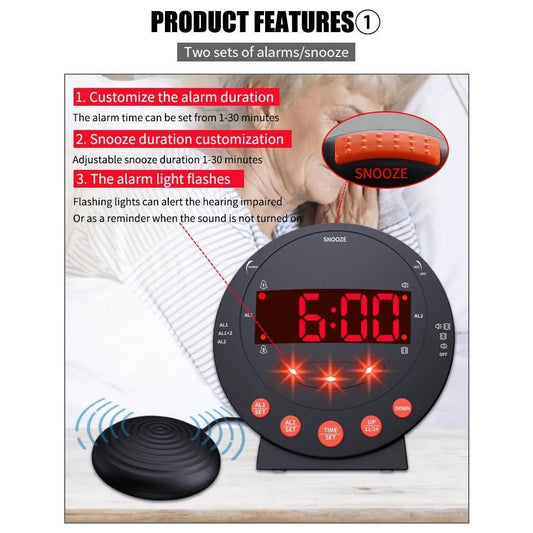LED Flashing Vibrating Alarm Clock with Bed Shaker (Clearance)