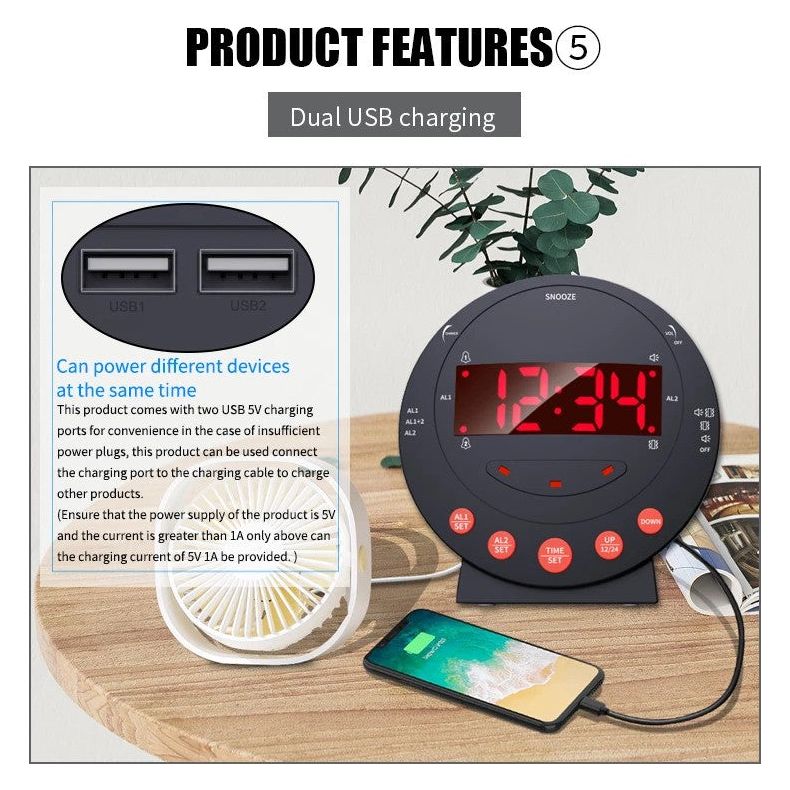 LED Flashing Vibrating Alarm Clock with Bed Shaker (Clearance)