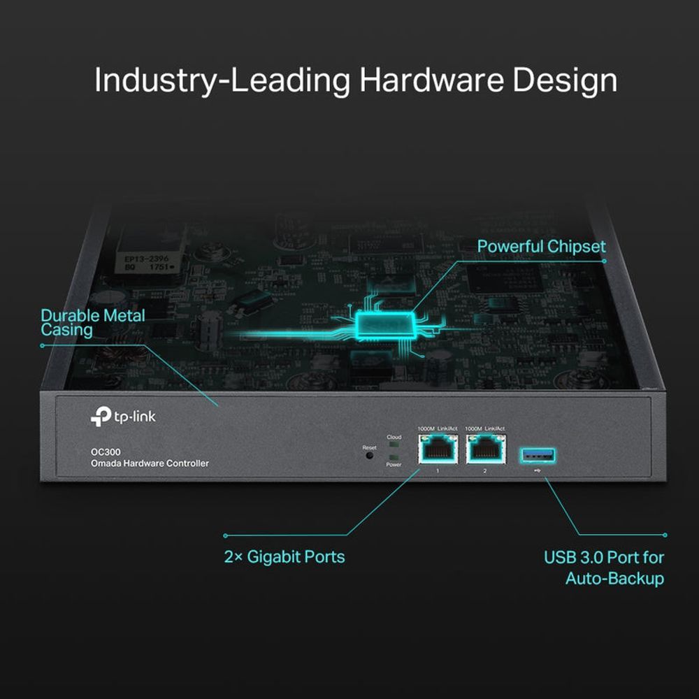 TL-OC300 - TP-Link Omada Hardware Controller PORT: 2× 10/100/1000 Mbps Ethernet Ports, 1× USB 3.0 Port