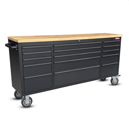 72 Inch 15 Drawers black Tool Chest workbench with wooden top